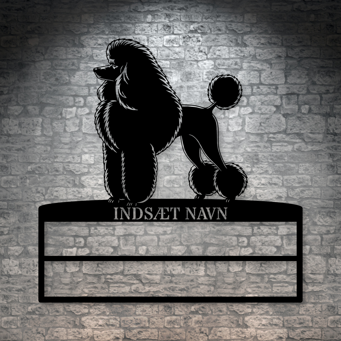 Puddelhund rosette display metalskilt med personlig navn. Unik Gaveide til hundeejeren