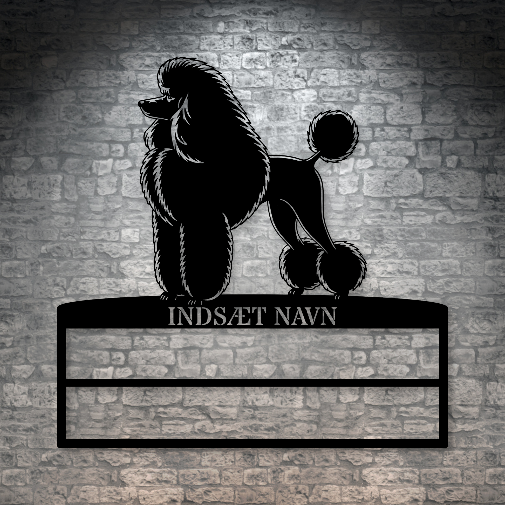 Puddelhund rosette display metalskilt med personlig navn. Unik Gaveide til hundeejeren