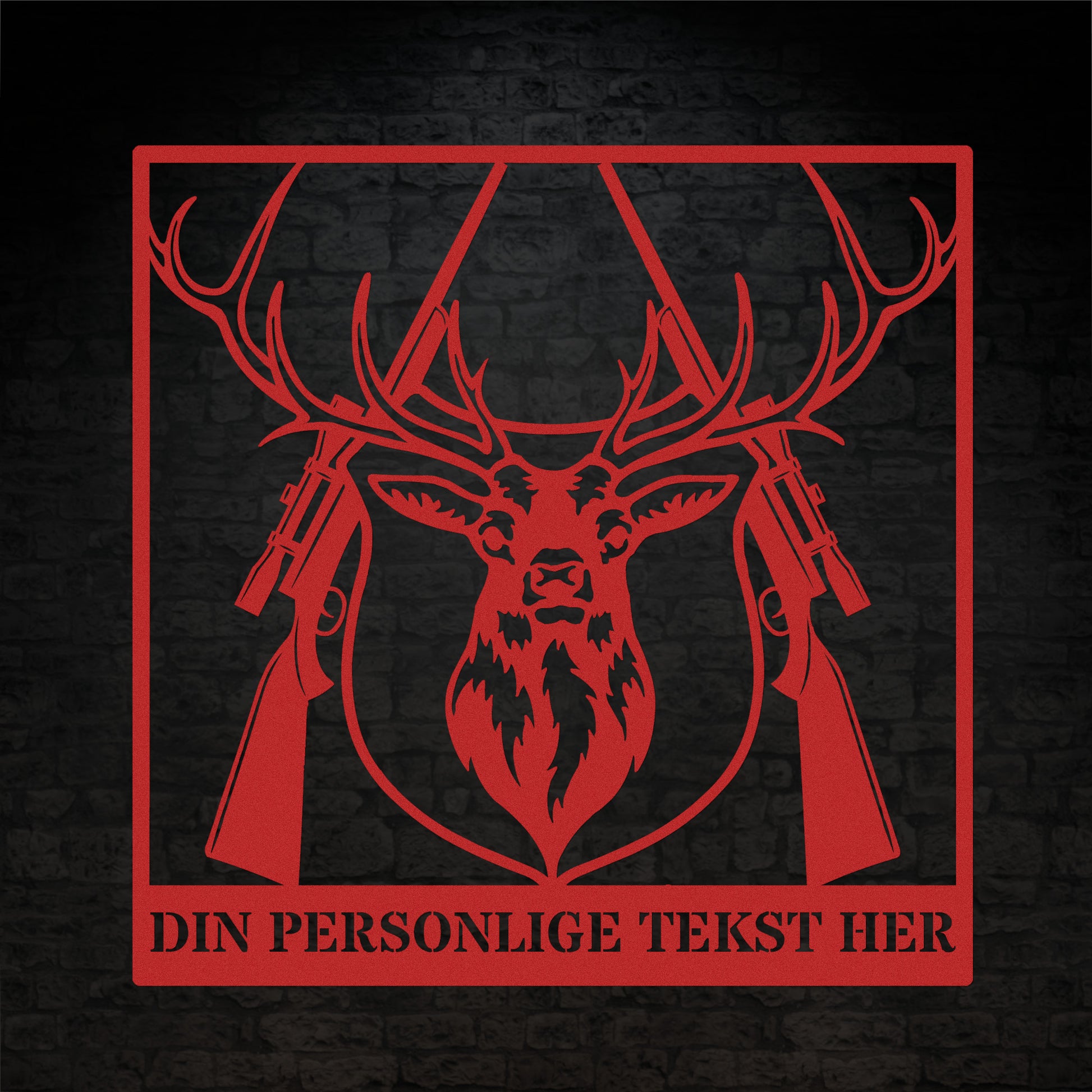 Rød metalskilt med navn og personlig tekst til jægeren. Fås i flere farver og størrelser