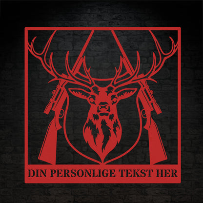 Rød metalskilt med navn og personlig tekst til jægeren. Fås i flere farver og størrelser