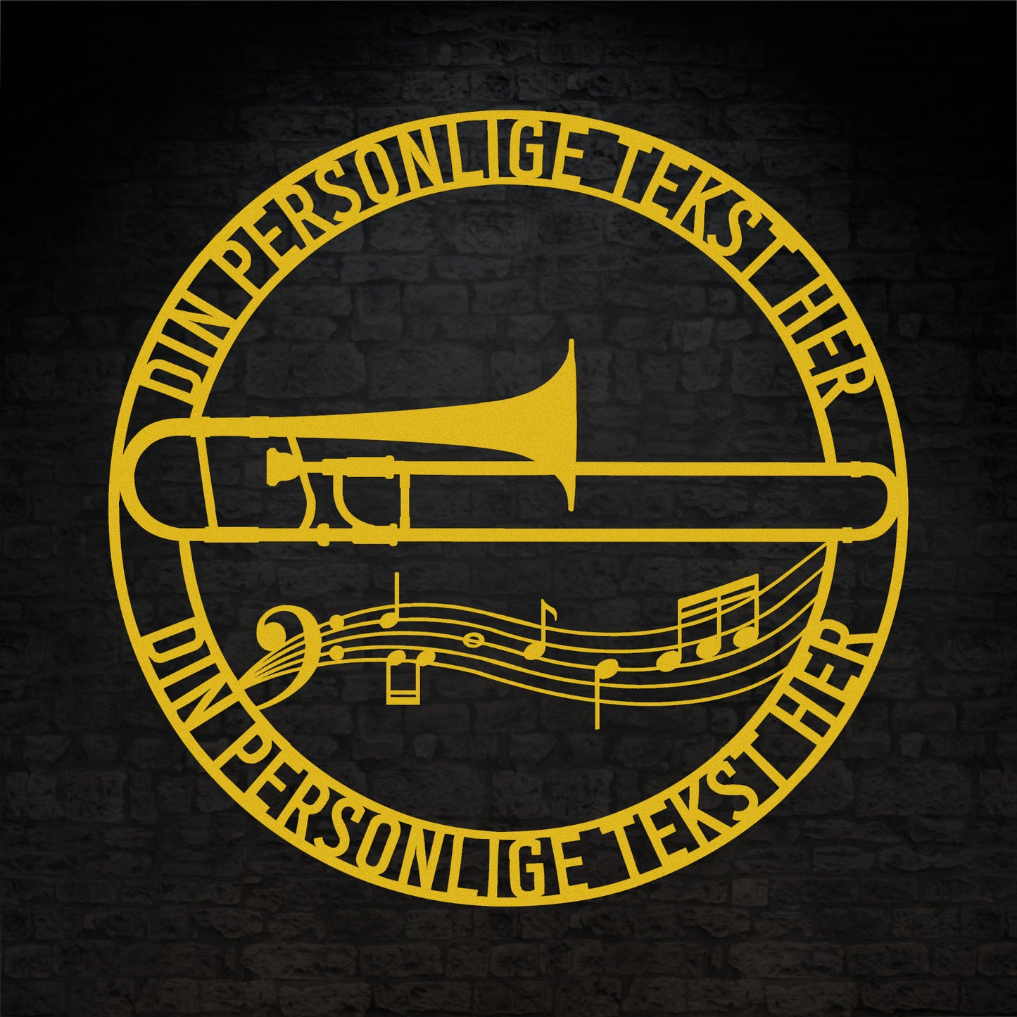 Rund trombone metal vægskilt i gul med personlig tekst. Unik gaveidé til muikeren