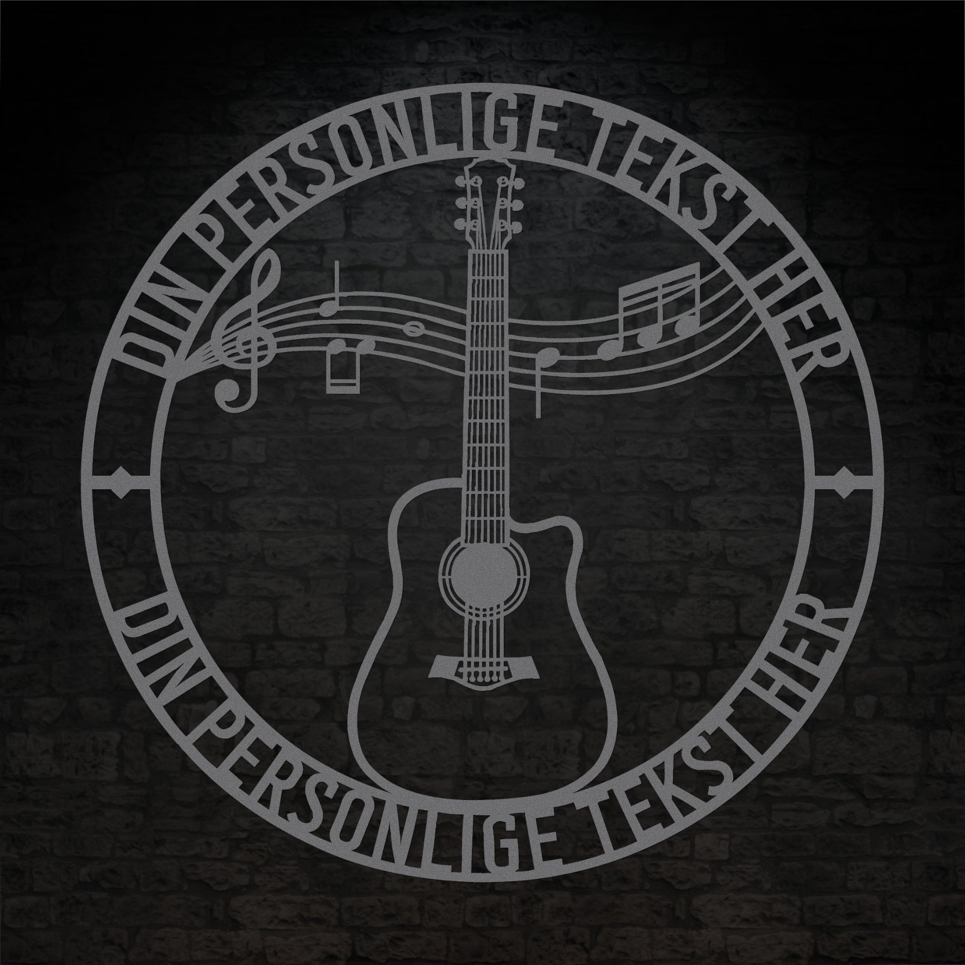 Sølvfarvet guitar metalskilt med personlig tekst. musiker navneskilt gaveidé