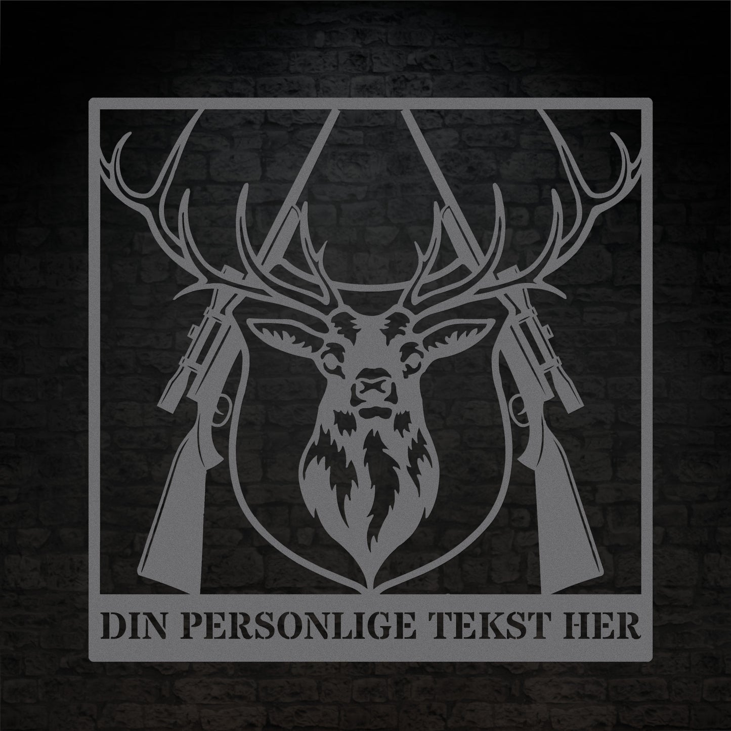 Sølvfarvet metalskilt med navn og personlig tekst til jægeren. Fås i flere farver og størrelser