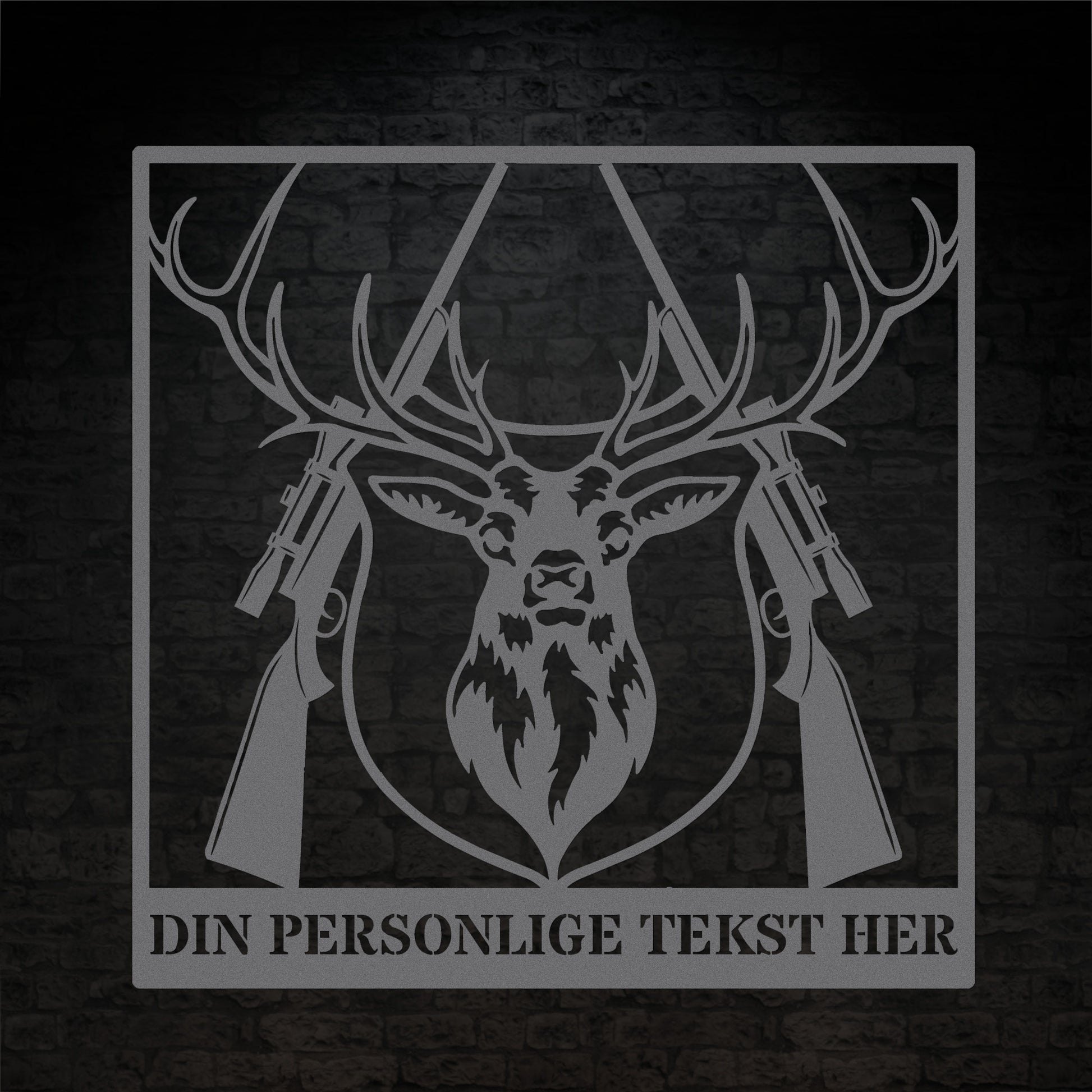 Sølvfarvet metalskilt med navn og personlig tekst til jægeren. Fås i flere farver og størrelser