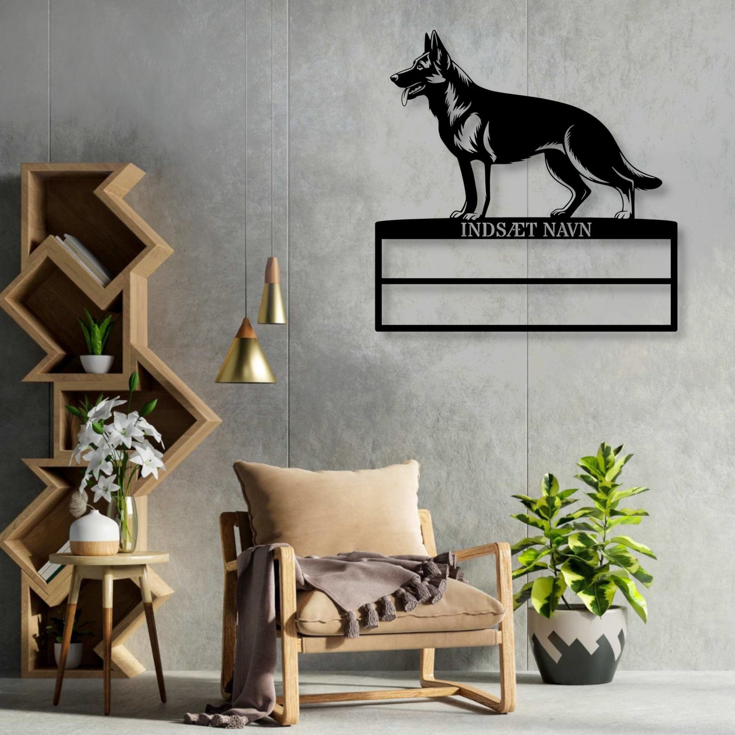 Schæferhund rosette display metalskilt med personlig tekst og navn. Unik Gaveide til hundeejer.