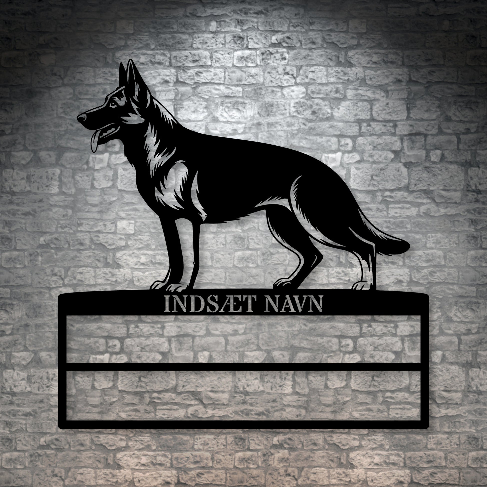 Schæferhund rosette display metalskilt med personlig tekst og navn. Unik Gaveide til hundeejer