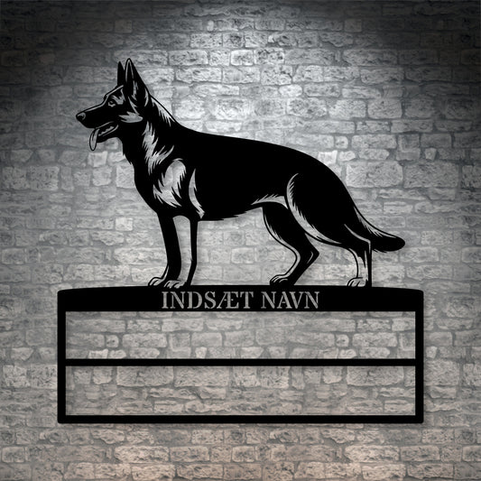 Schæferhund rosette display metalskilt med personlig tekst og navn. Unik Gaveide til hundeejer