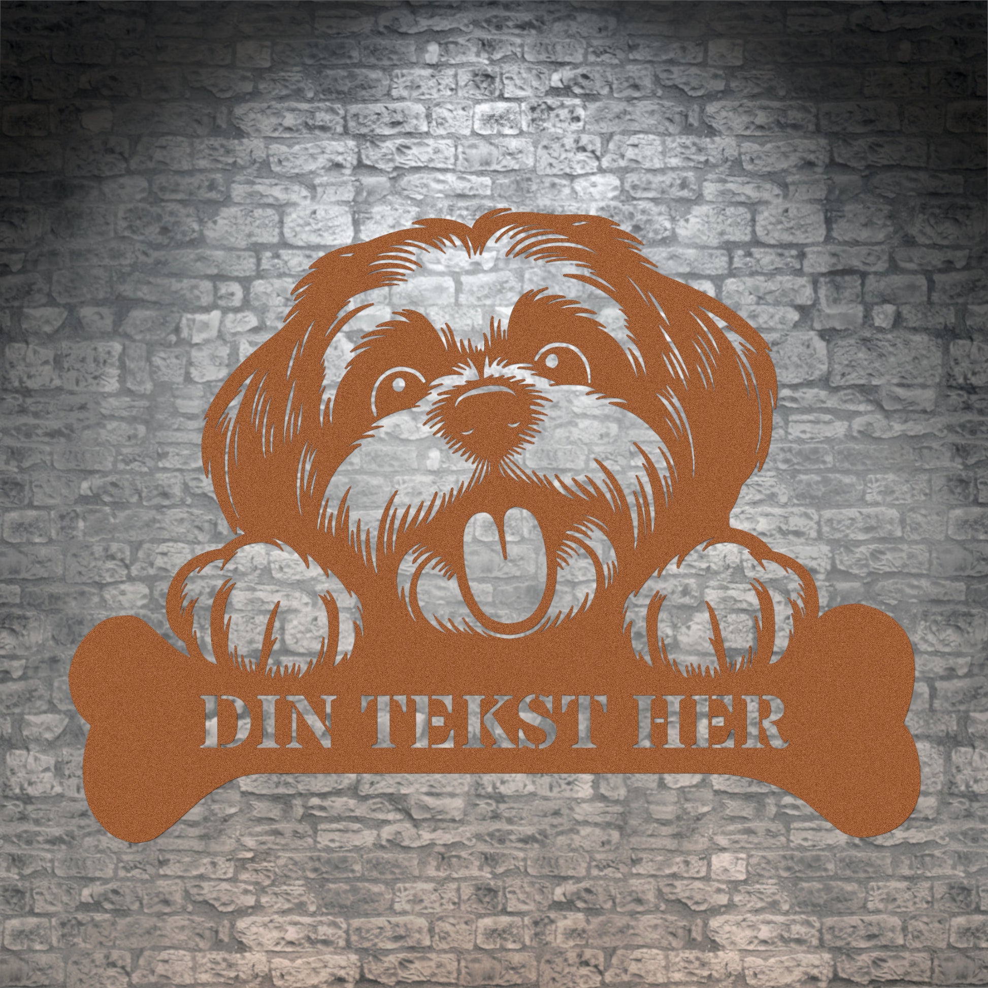 Shih Tsu metalskilt i brun med personlig tekst. Hundeejer navneskilt gaveidé