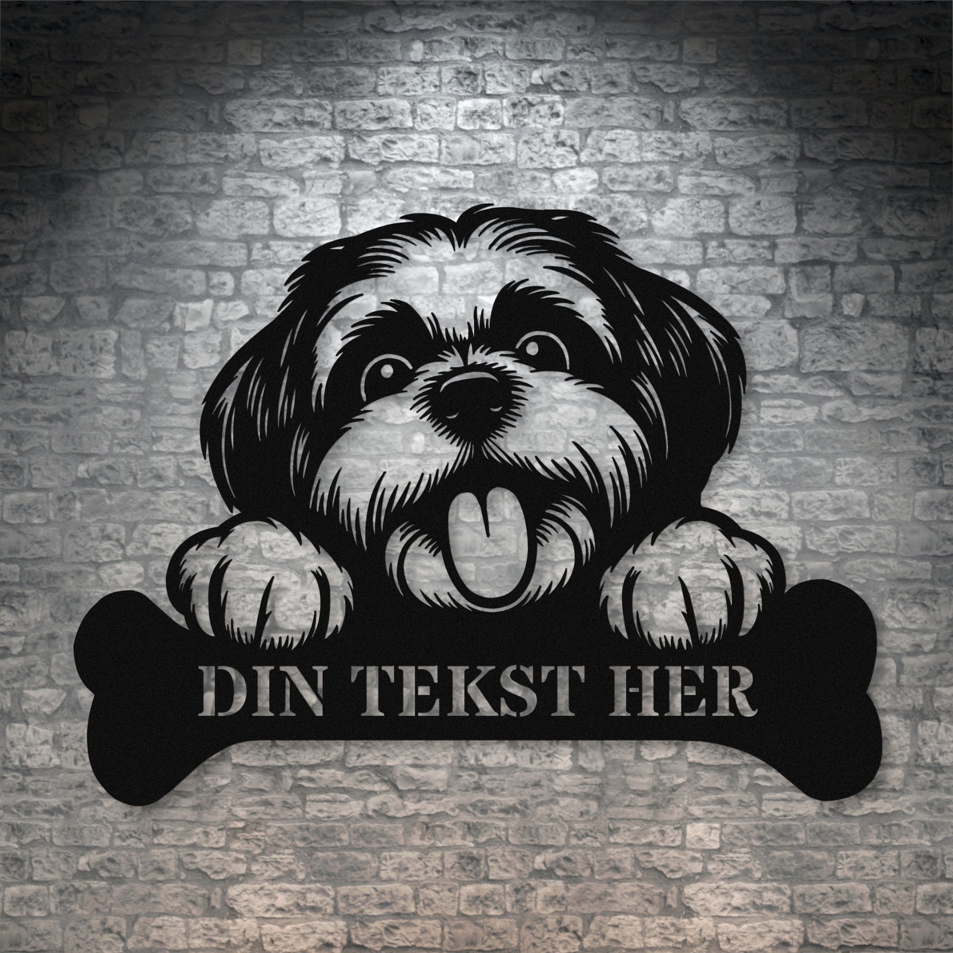 Shih Tsu metalskilt i sort med personlig tekst. Hundeejer navneskilt gaveidé