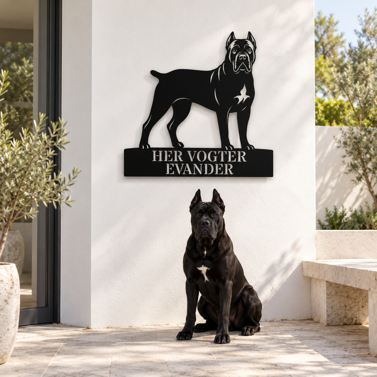 Her vogter jeg. Personlig Cane Corso metal navneskilt