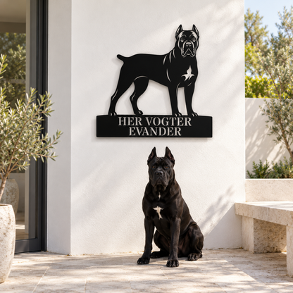 Her vogter jeg. Personlig Cane Corso metal navneskilt