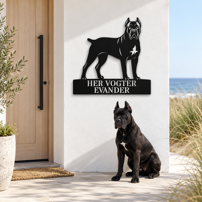 Her vogter jeg. Personlig Cane Corso metal navneskilt