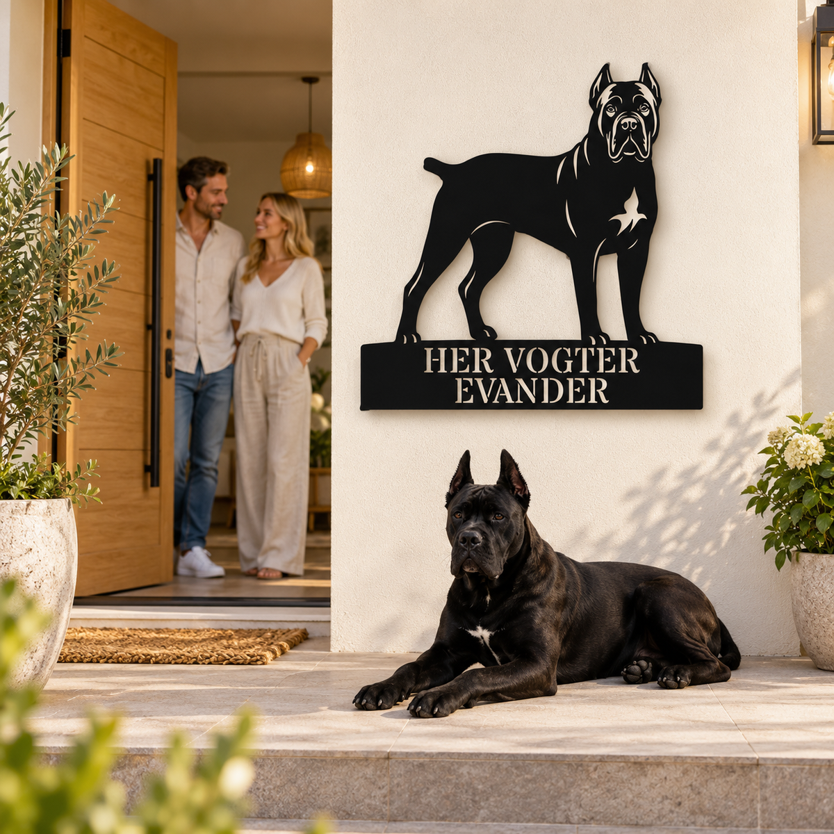 Her vogter jeg. Personlig Cane Corso metal navneskilt