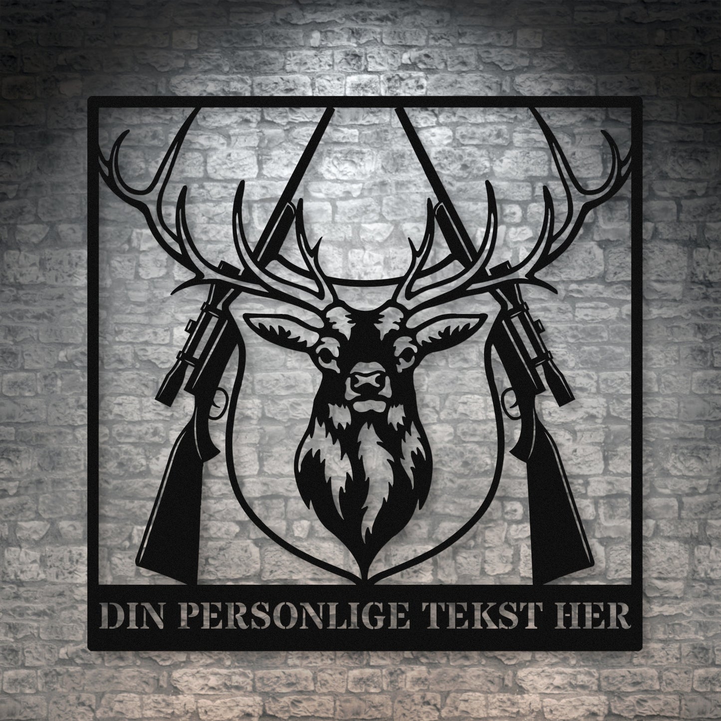 Sort metalskilt med navn og personlig tekst til jægeren. Fås i flere farver og størrelser