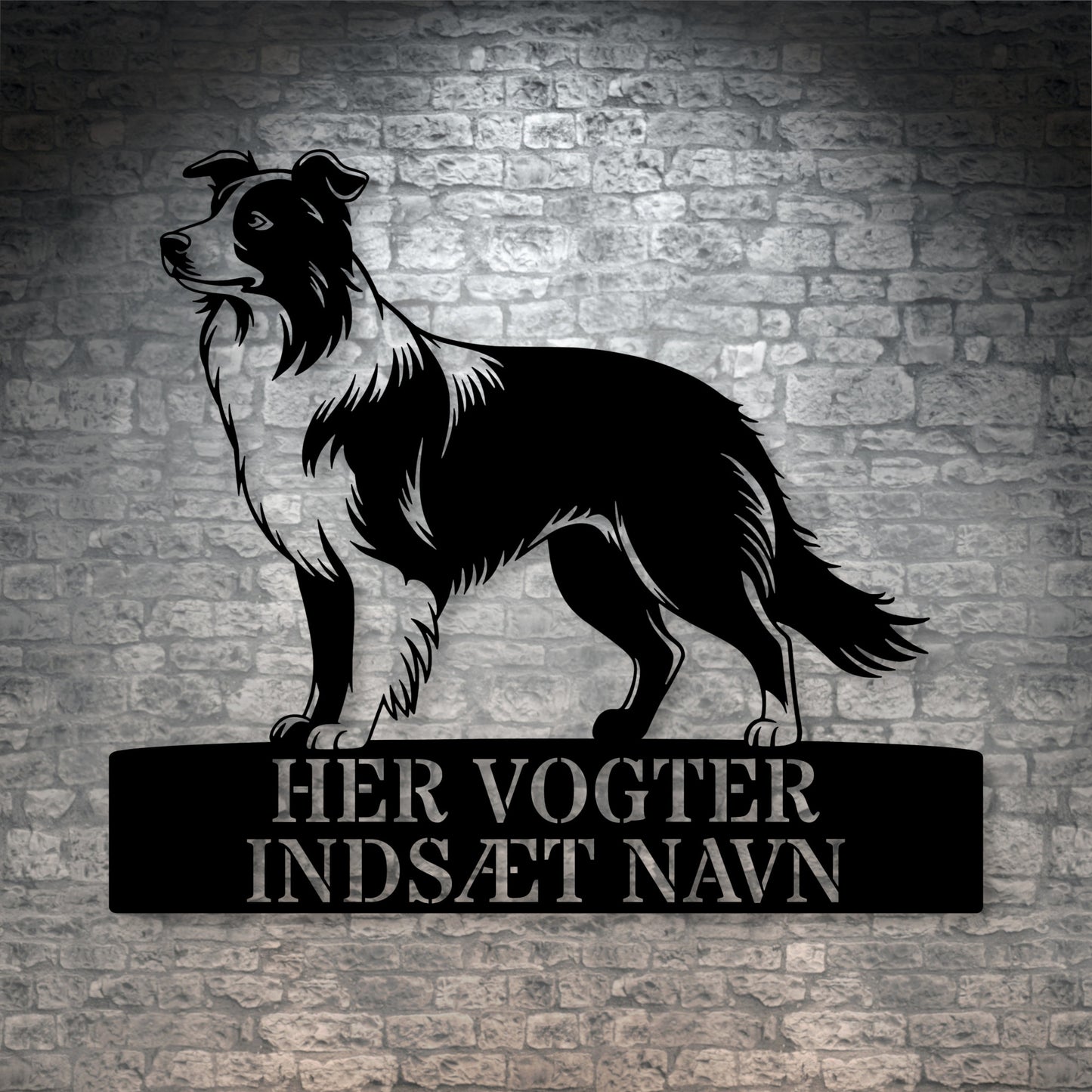 Special Border Collie "her vogter jeg" metalskilt med personlig navn. Unik hundeejer gaveide