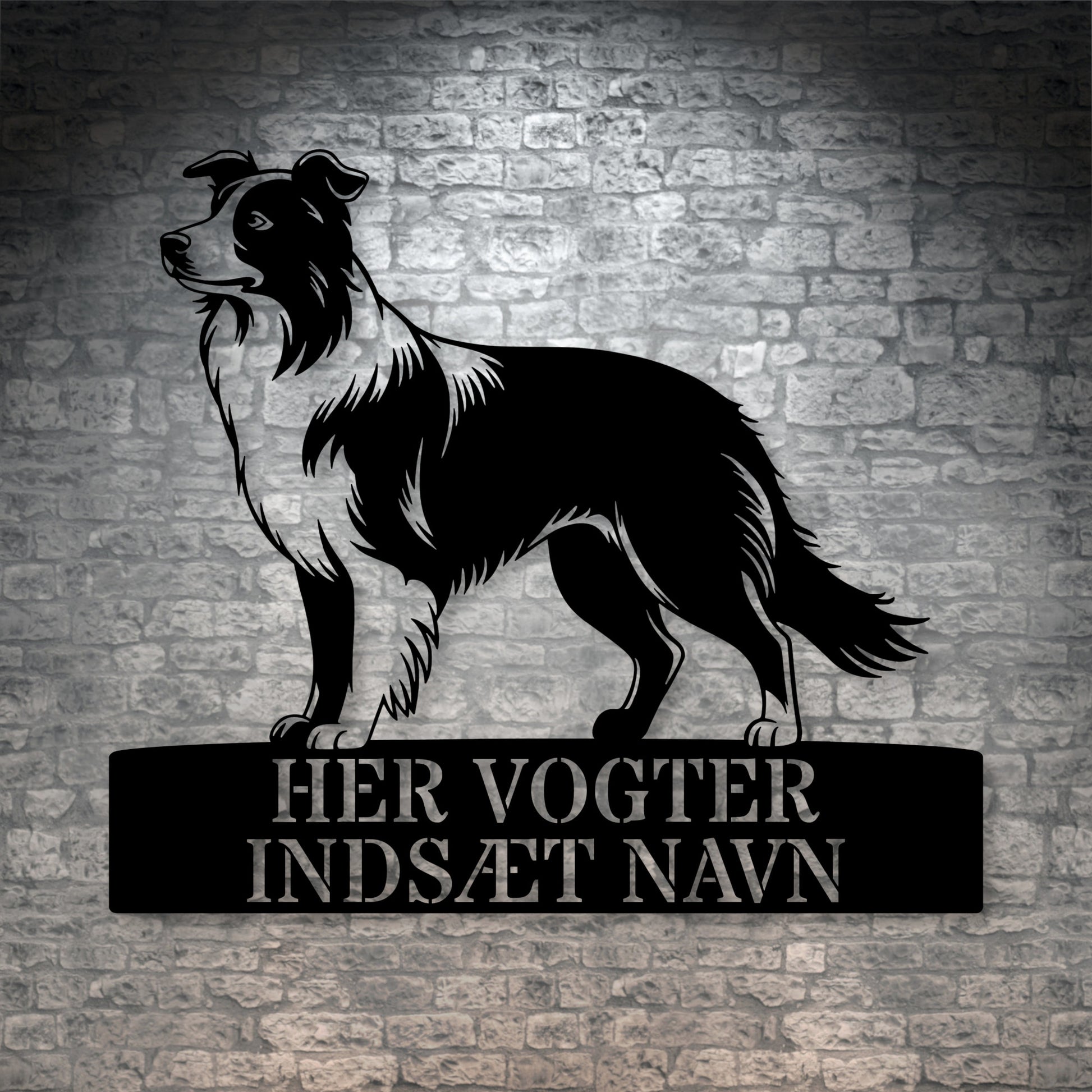 Special Border Collie "her vogter jeg" metalskilt med personlig navn. Unik hundeejer gaveide