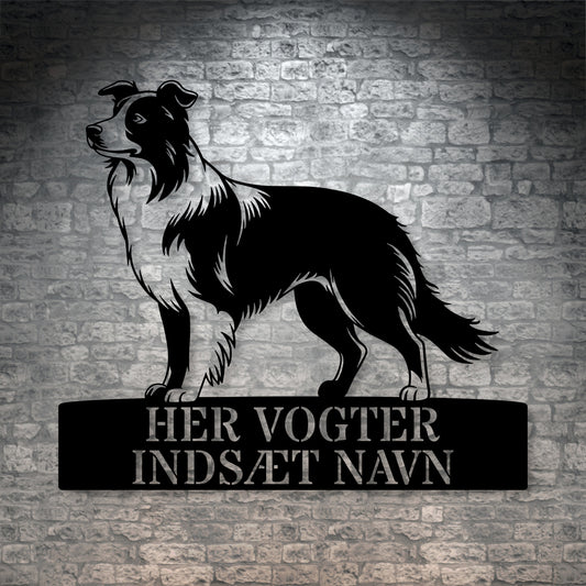 Special Border Collie "her vogter jeg" metalskilt med personlig navn. Unik hundeejer gaveide