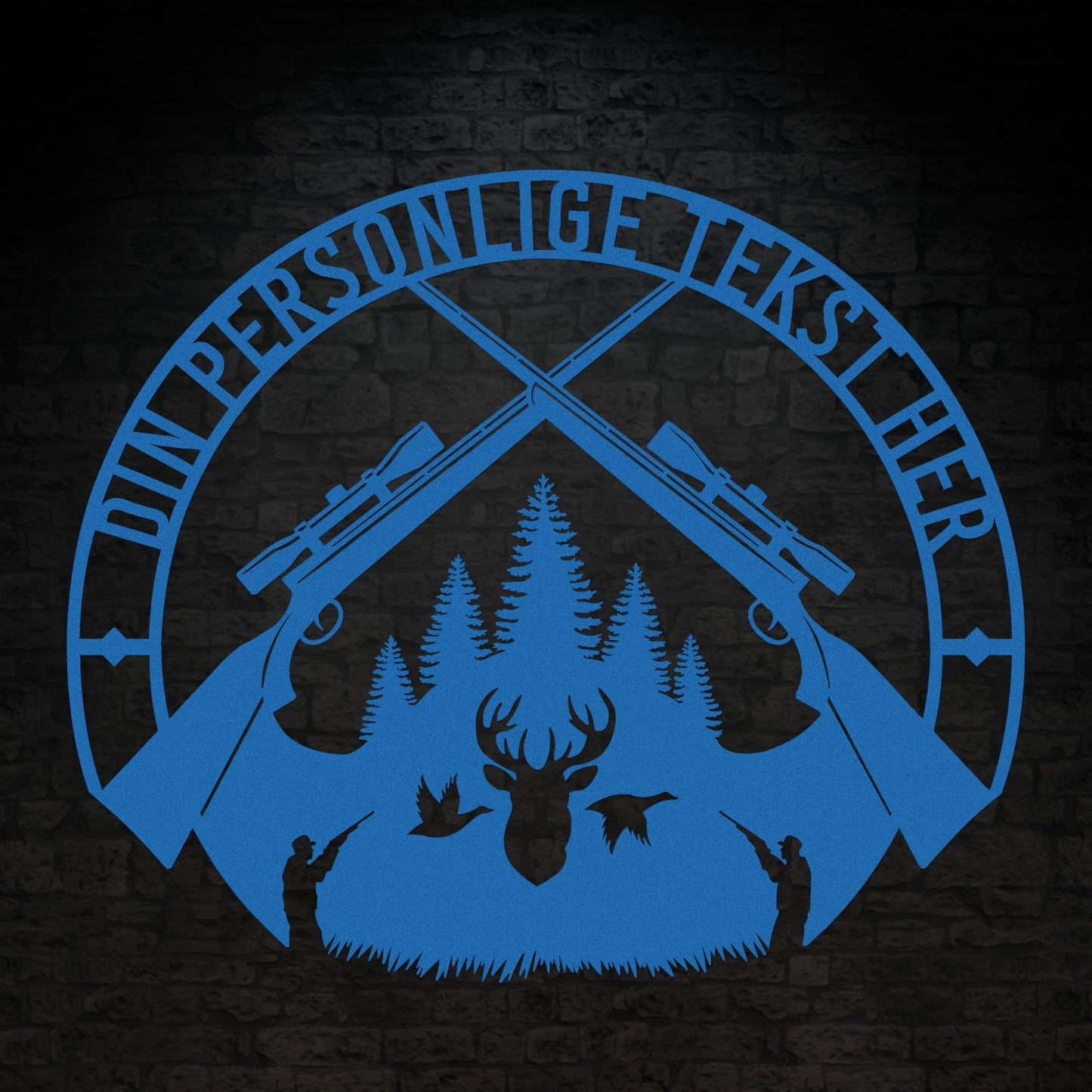 Special Jagt tema metalskilt i blå med personlig tekst eller navn