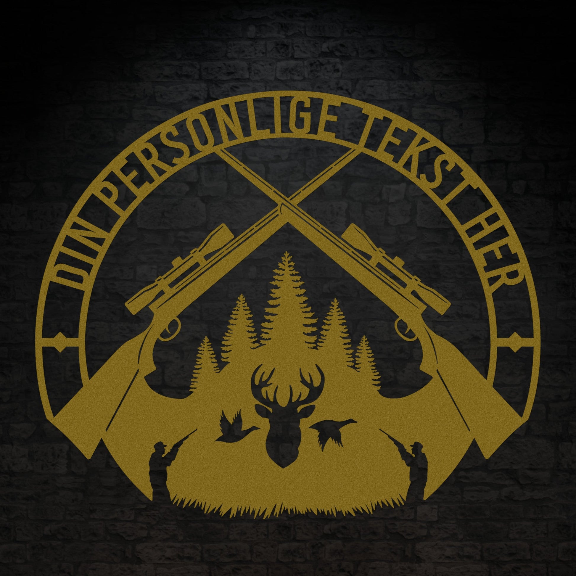 Special Jagt tema metalskilt i guldfarve med personlig tekst eller navn