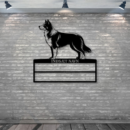 Stort Border Collie væg metalskilt med personlig tekst til rosetter. Unik Gaveide til hundeejer.