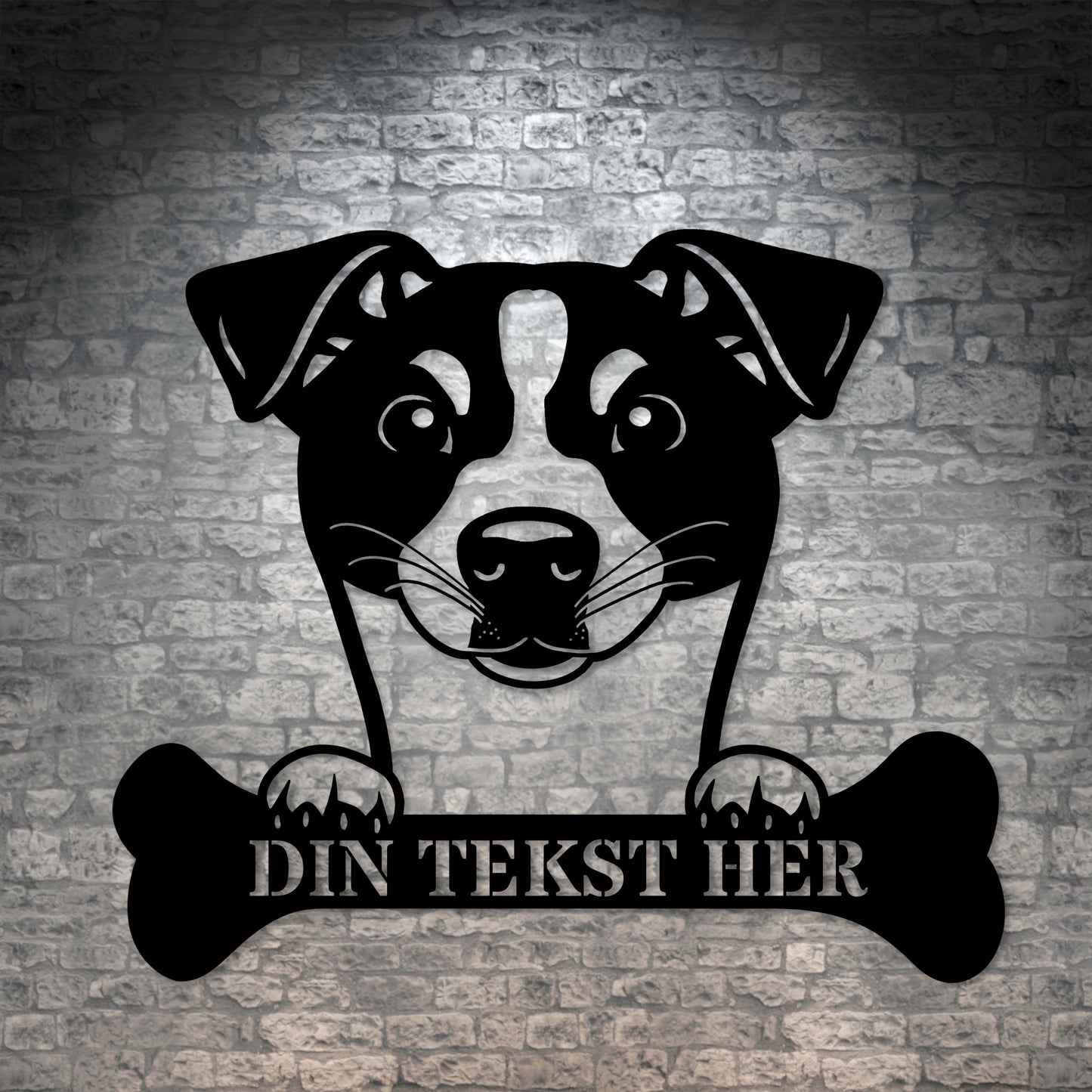Personlig stort Dansk-Svensk Gårdhund metalskilt med tekst. Unik hunde navneskilt gaveidé