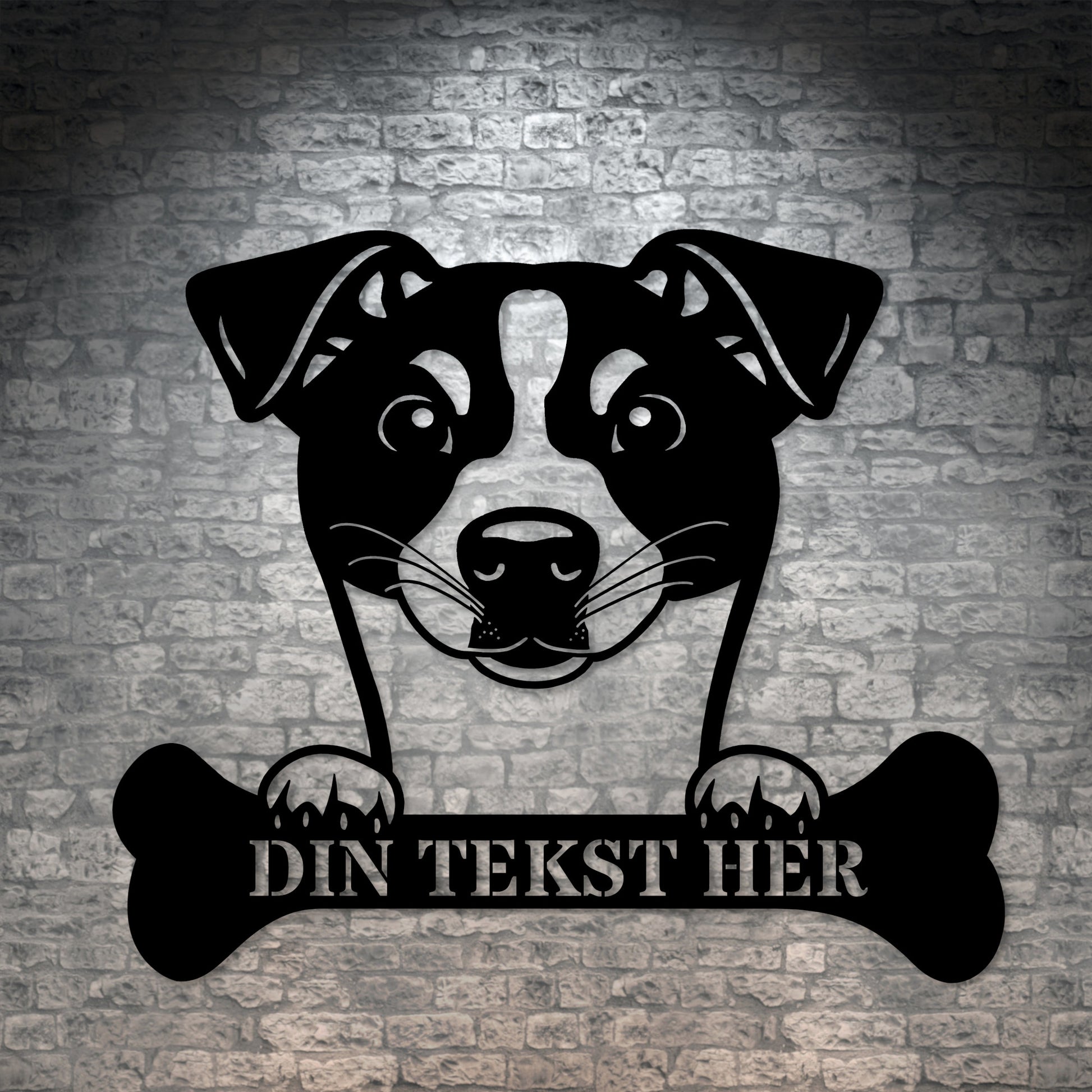 Personlig stort Dansk-Svensk Gårdhund metalskilt med tekst. Unik hunde navneskilt gaveidé
