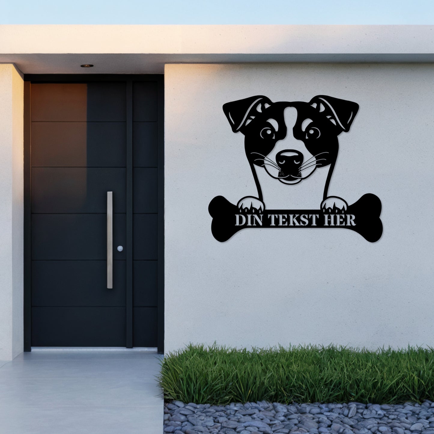 Stort Dansk-Svensk Gårdhund metalskilt med tekst. Unik hunde navneskilt gaveidé....