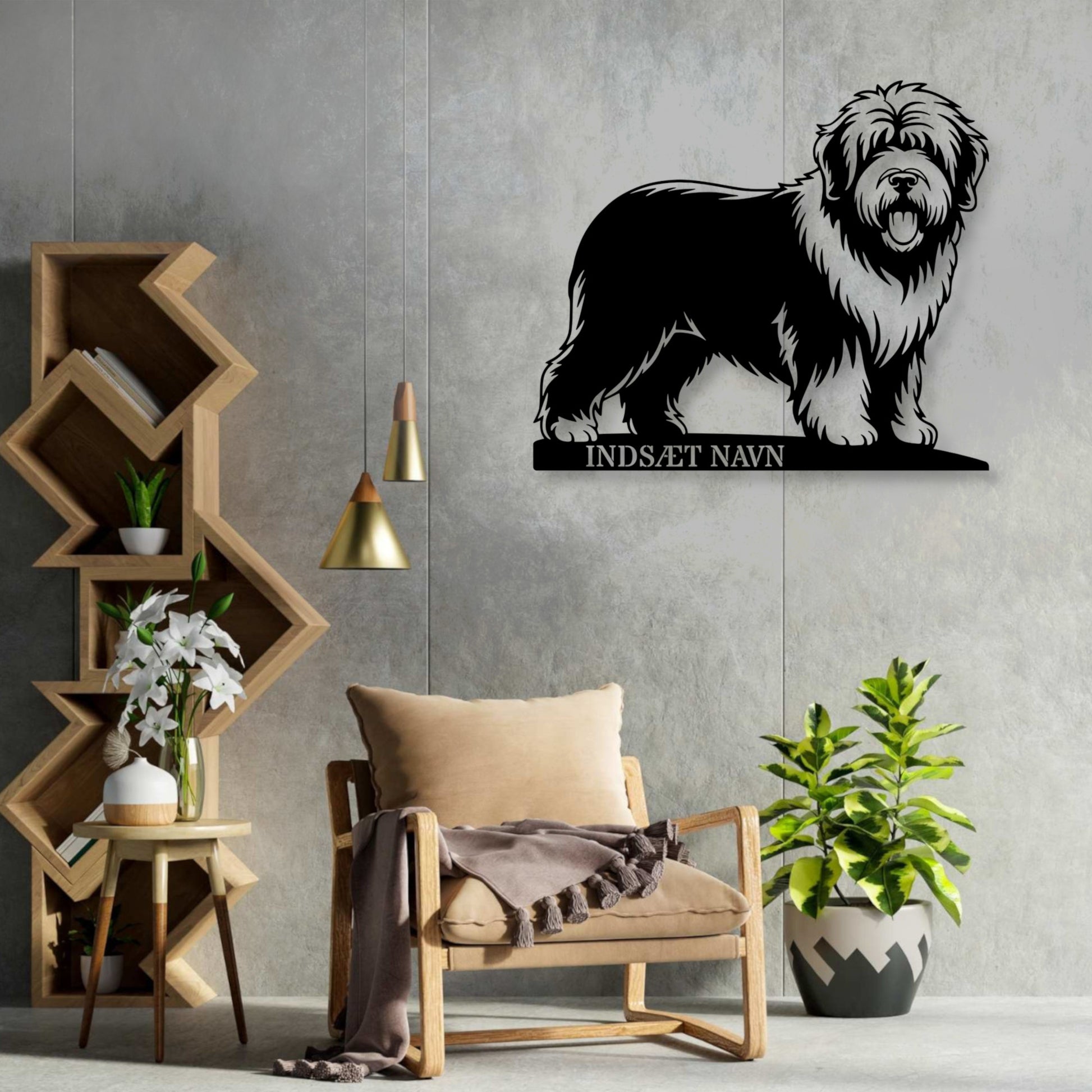 Stort Old English Sheepdog væg metalskilt med personlig navn. Unik Gaveide til hundeejeren....