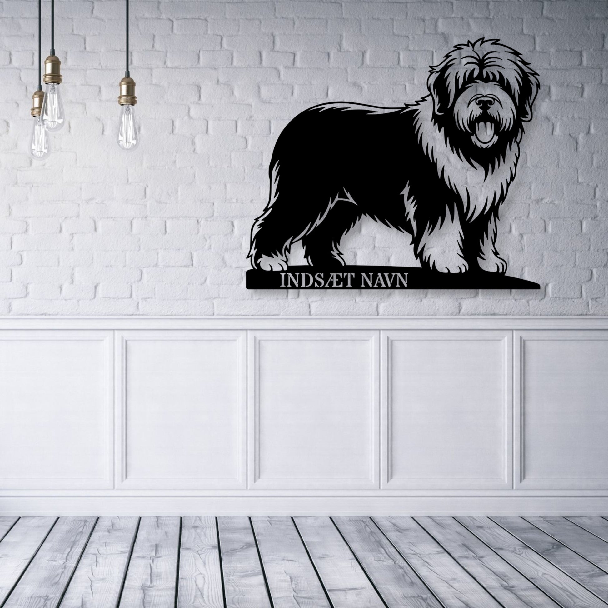 Stort Old English Sheepdog væg metalskilt med personlig navn. Unik Gaveide til hundeejeren...
