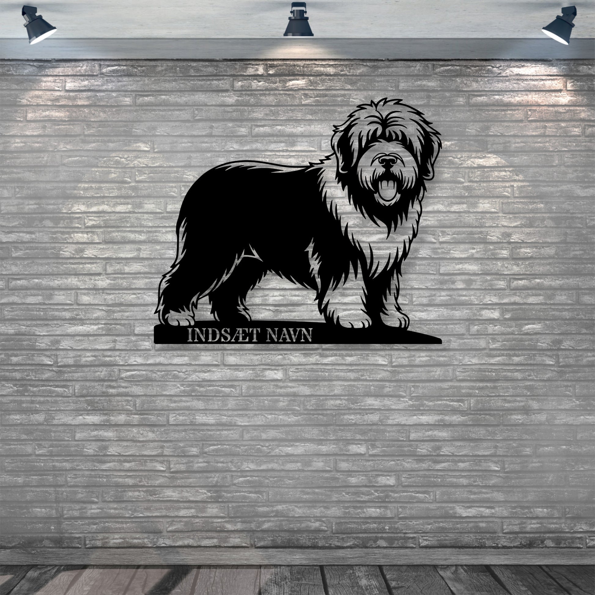 Stort Old English Sheepdog væg metalskilt med personlig navn. Unik Gaveide til hundeejeren..