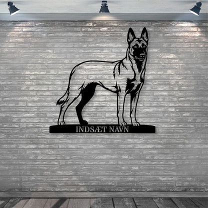 Stort Personlig Belgisk hyrdehund metalskilt med hundenavn.....