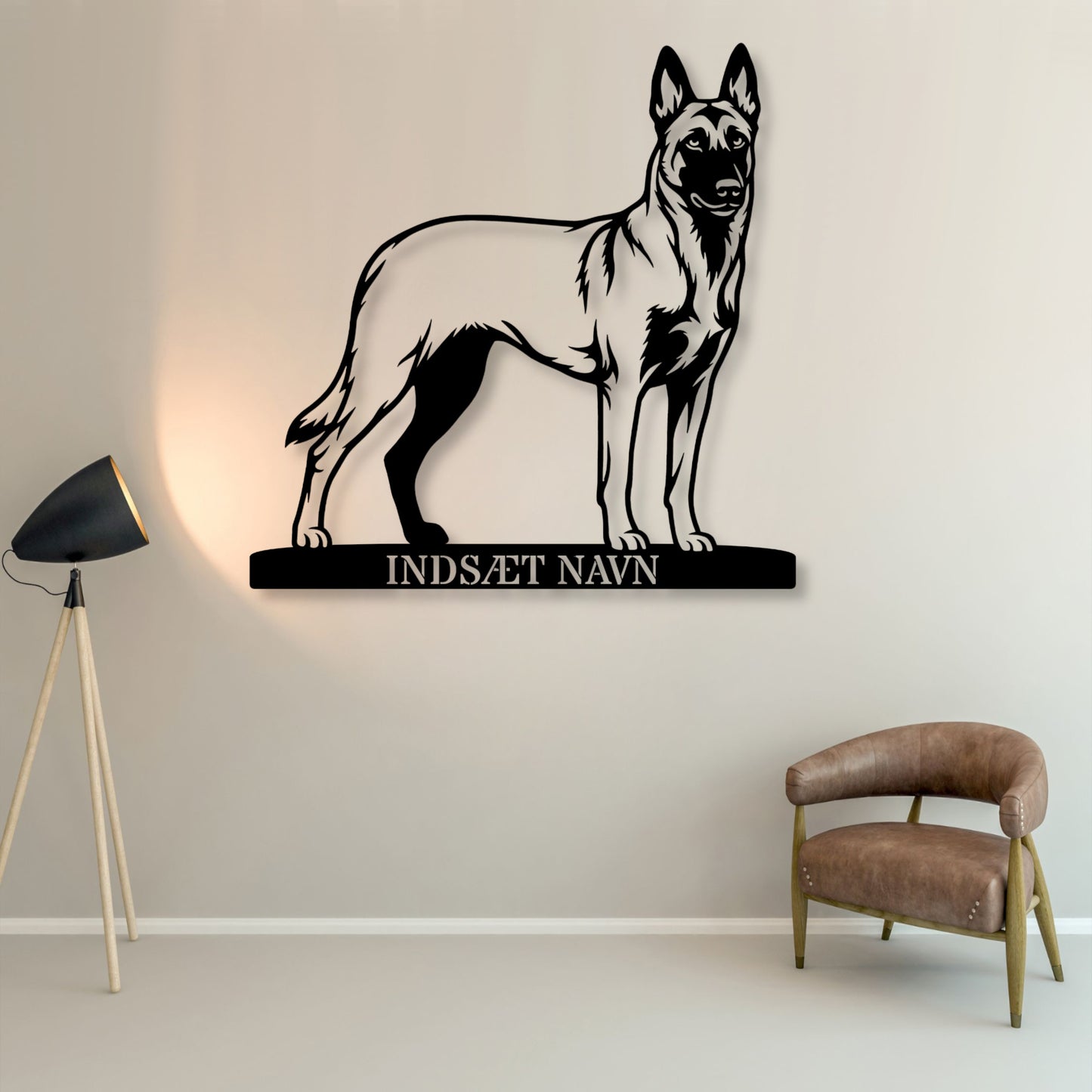 Stort Personlig Belgisk hyrdehund metalskilt med hundenavn..