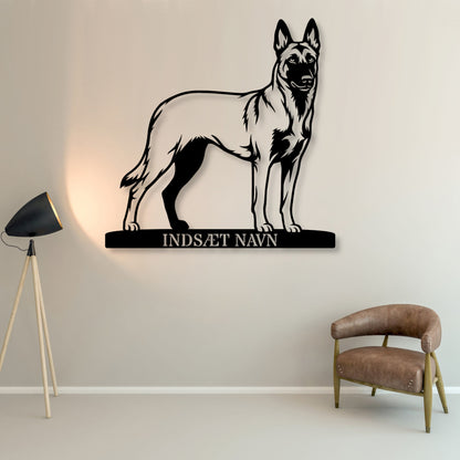 Stort Personlig Belgisk hyrdehund metalskilt med hundenavn..