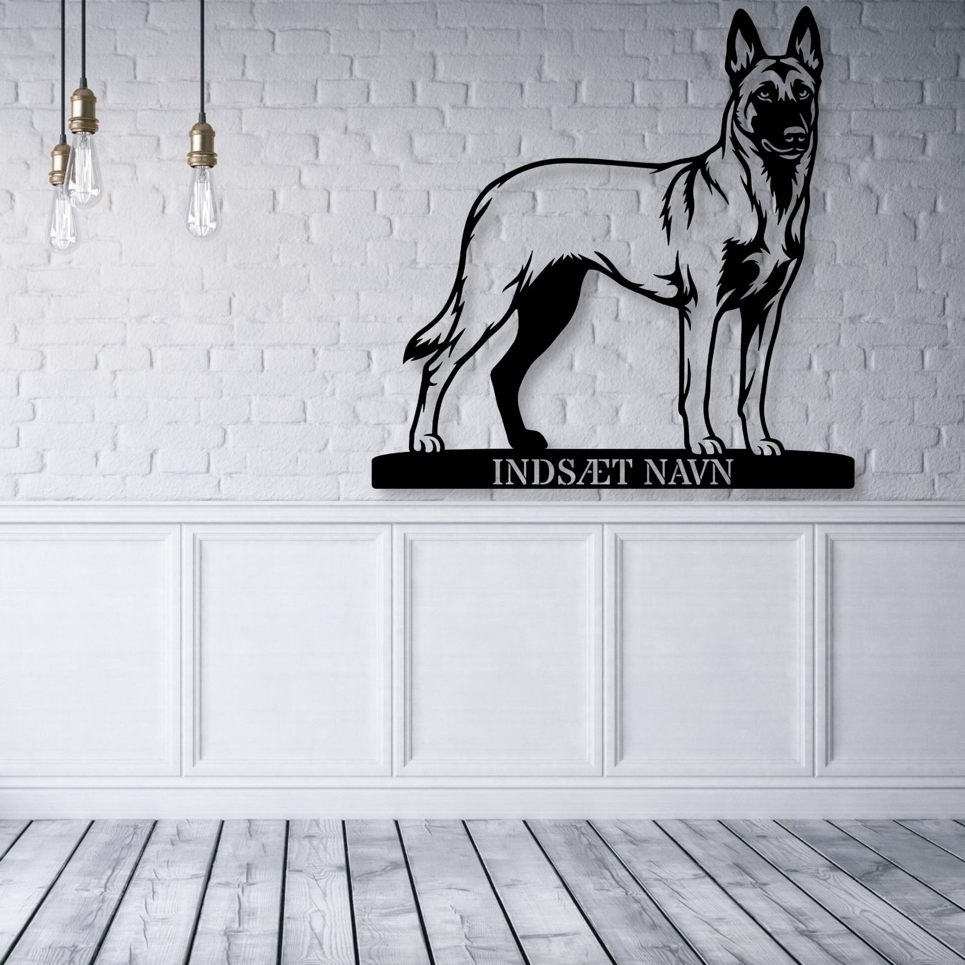 Stort Personlig Belgisk hyrdehund metalskilt med hundenavn.