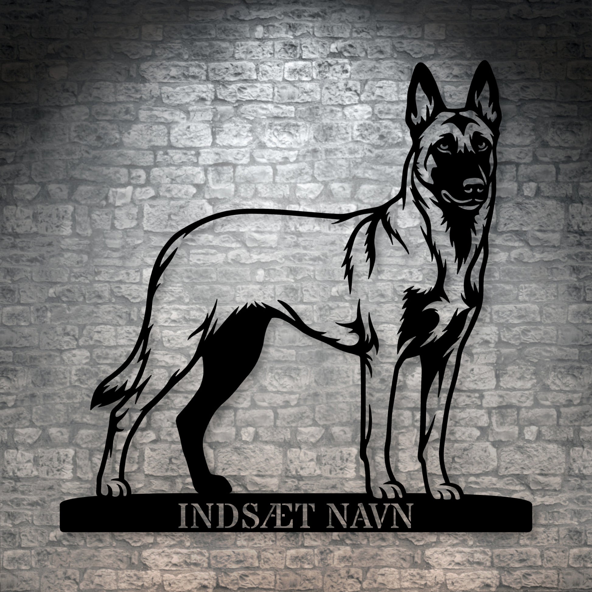 Stort Personlig Belgisk hyrdehund metalskilt med hundenavn