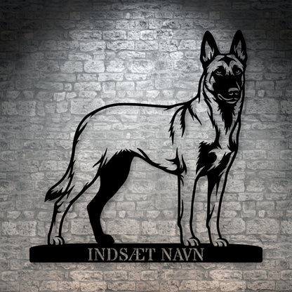 Stort Personlig Belgisk hyrdehund metalskilt med hundenavn