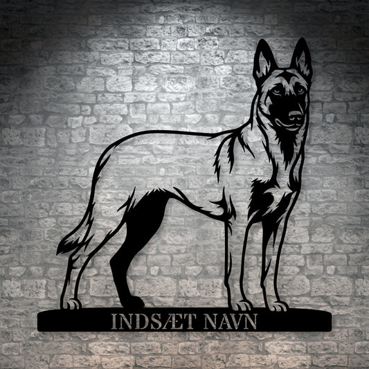 Stort Personlig Belgisk hyrdehund metalskilt med hundenavn