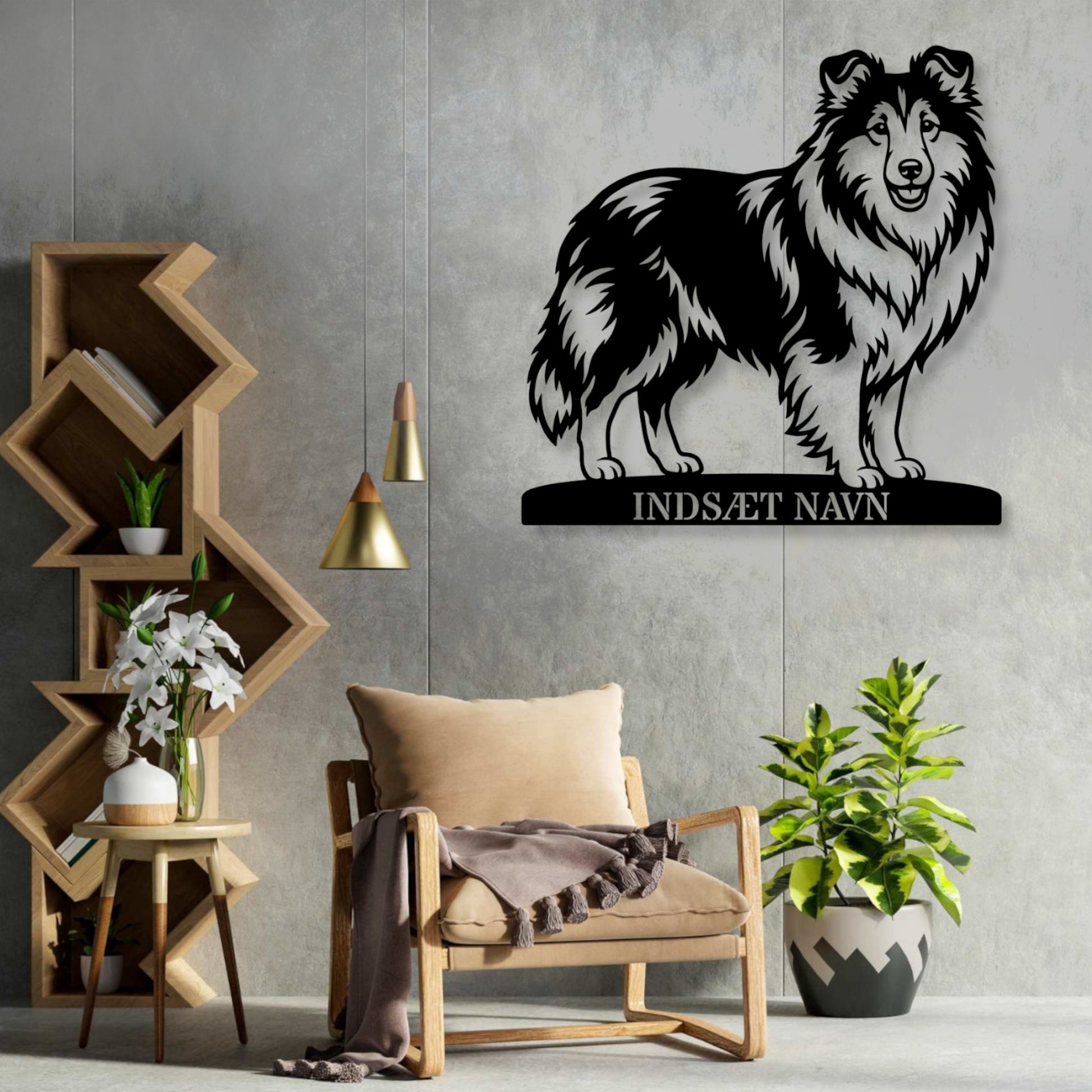 Stort Personlig Shetland Sheepdog metalskilt med hundenavn....