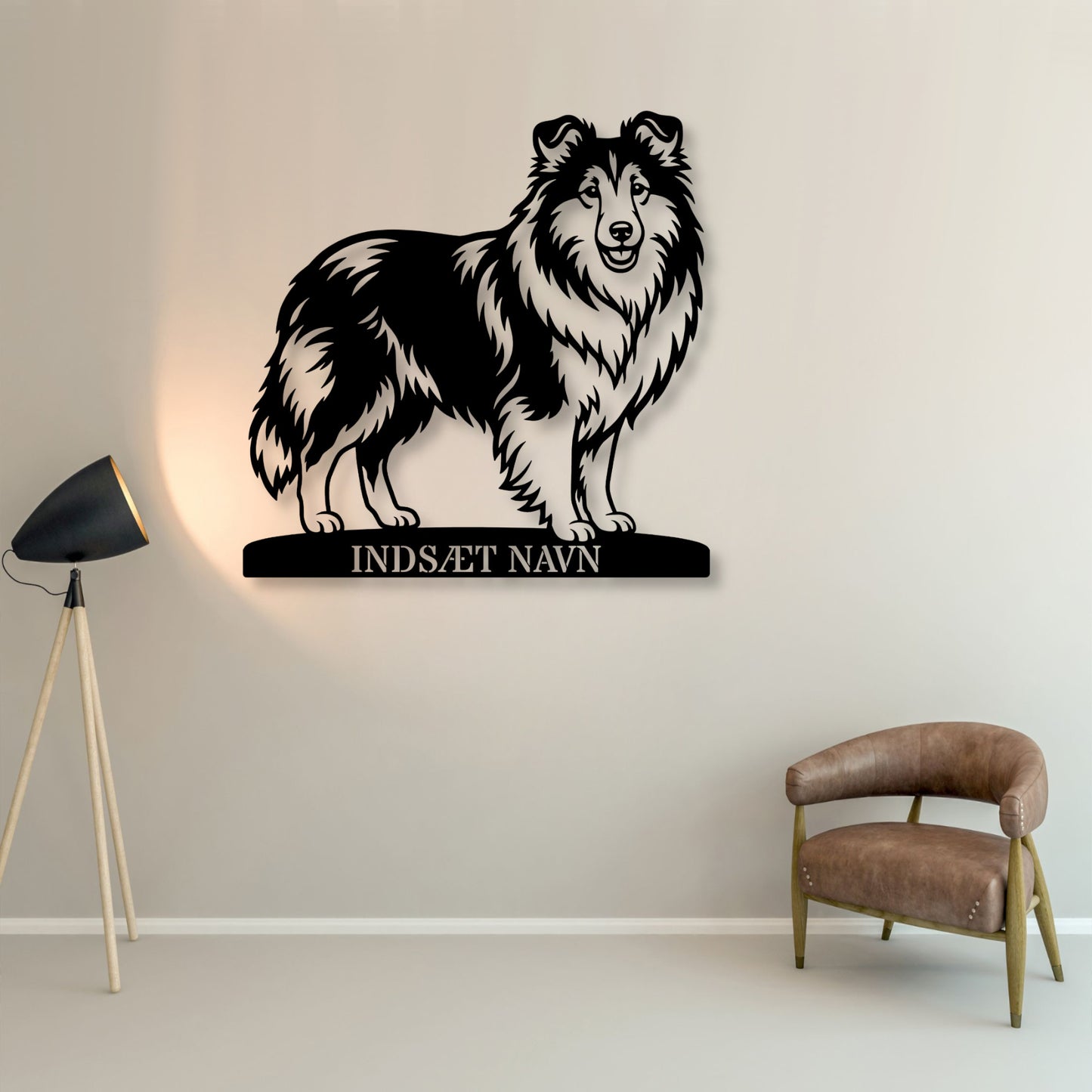 Stort Personlig Shetland Sheepdog metalskilt med hundenavn..
