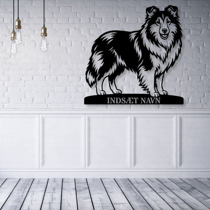 Stort Personlig Shetland Sheepdog metalskilt med hundenavn.