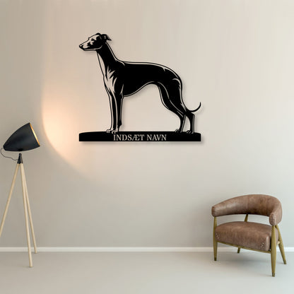 Stort Whippet væg metalskilt med personlig navn. Unik Gaveide til hundeejeren...