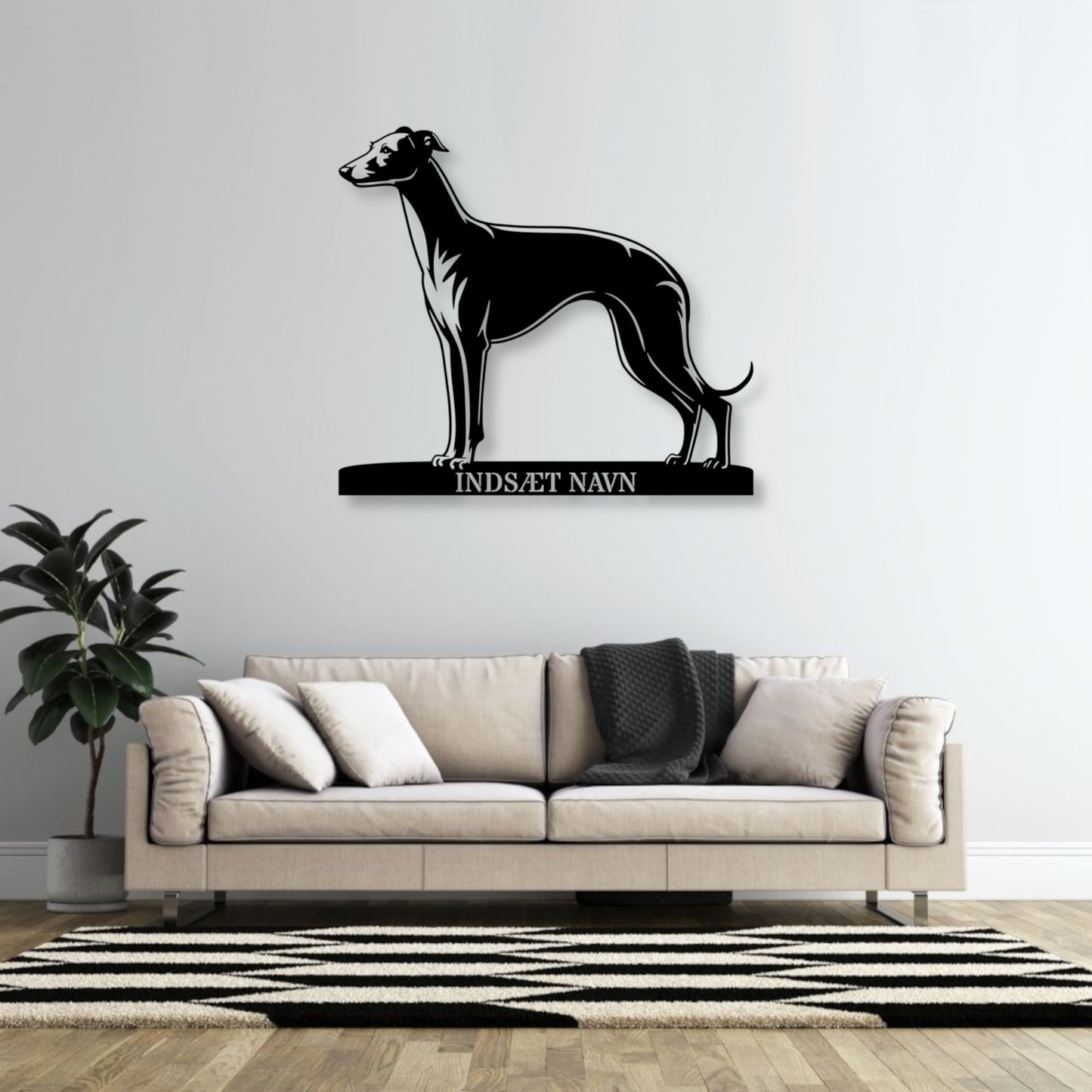Stort Whippet væg metalskilt med personlig navn. Unik Gaveide til hundeejeren.