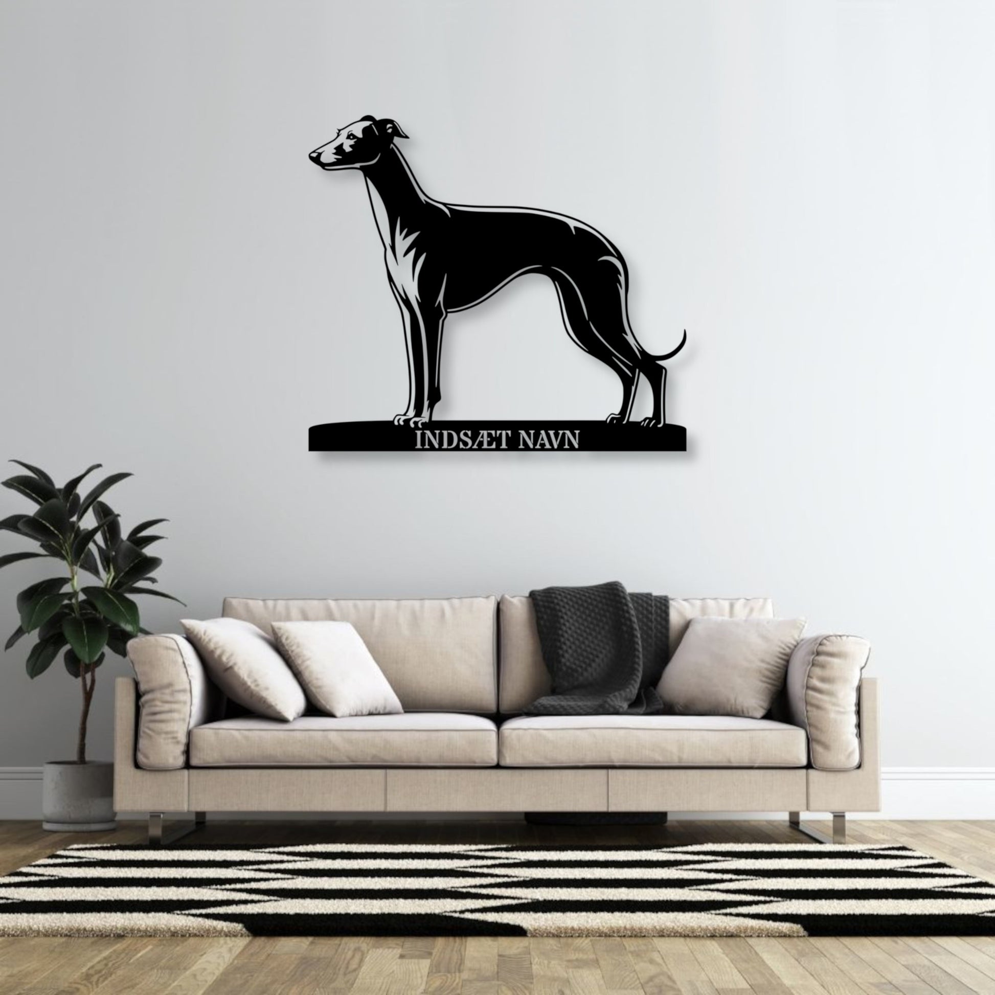 Stort Whippet væg metalskilt med personlig navn. Unik Gaveide til hundeejeren.
