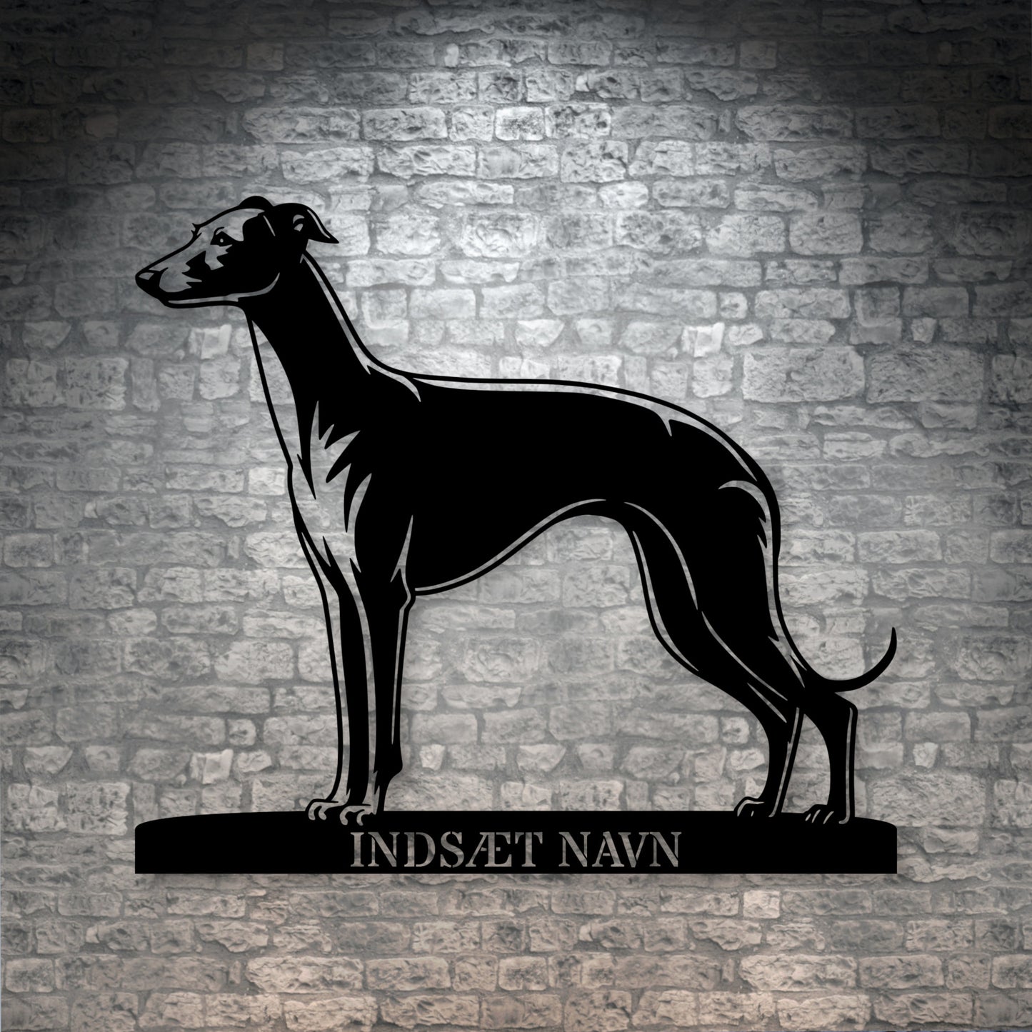 Stort Whippet væg metalskilt med personlig navn. Unik Gaveide til hundeejeren