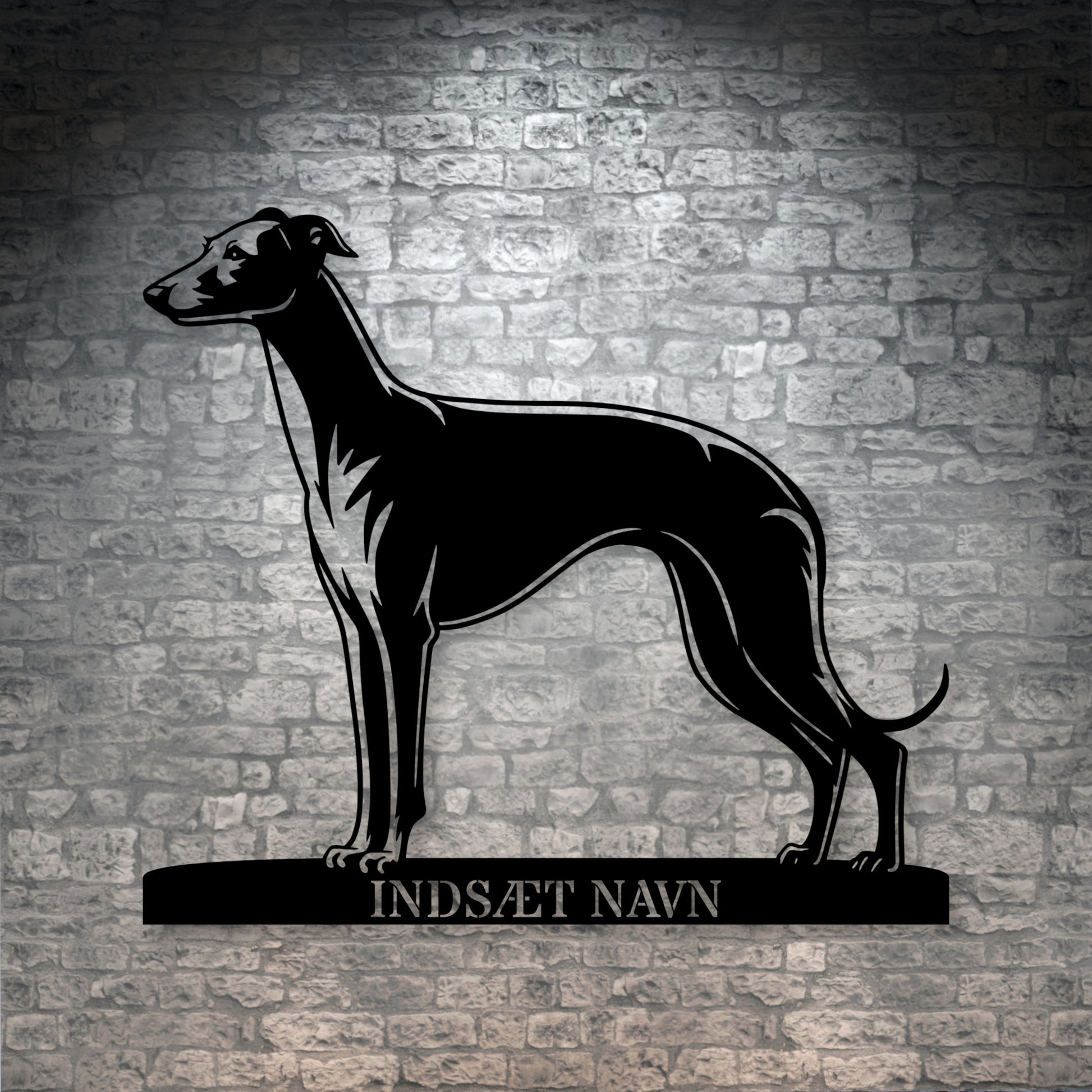 Stort Whippet væg metalskilt med personlig navn. Unik Gaveide til hundeejeren