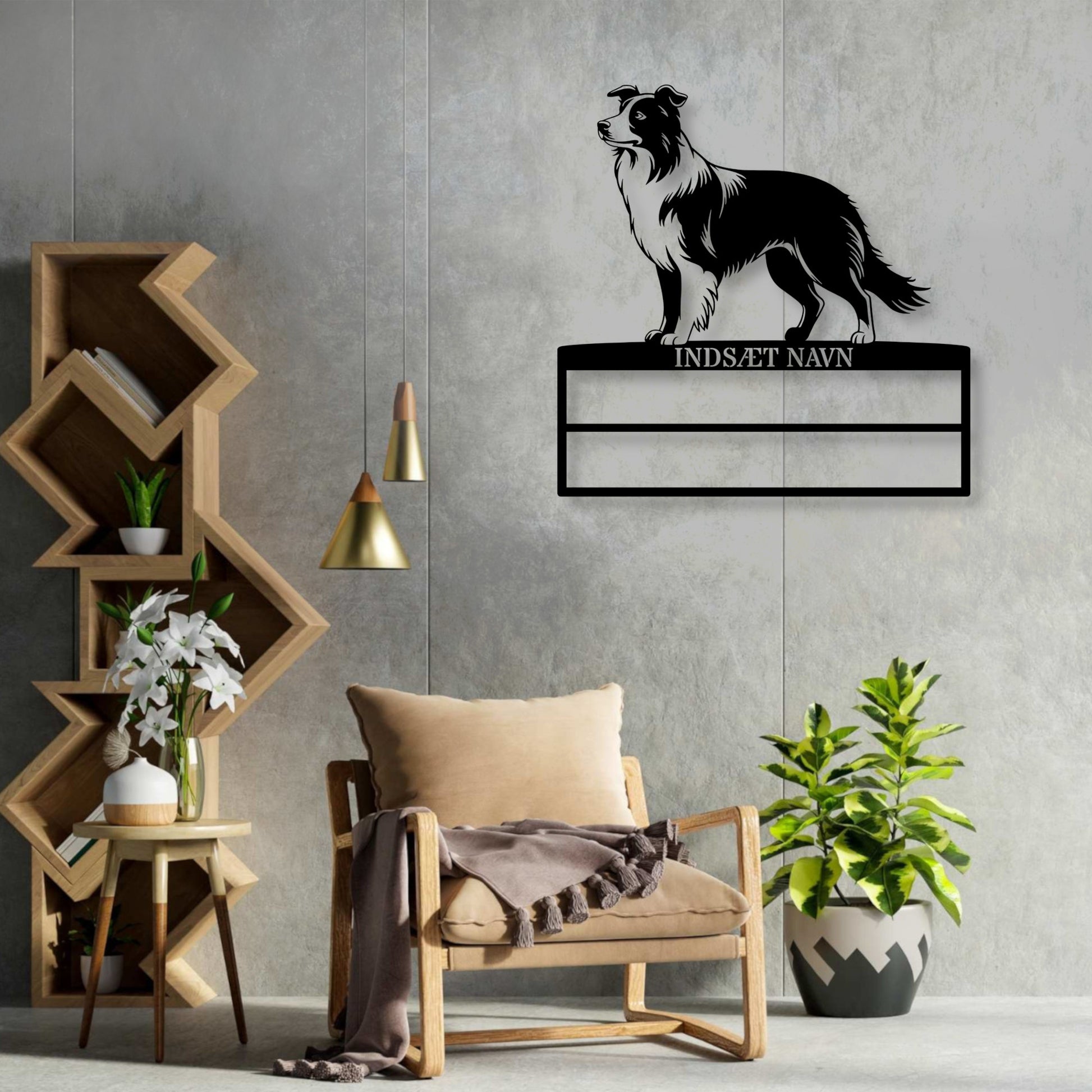 Stort laserskåret Border Collie metalskilt med personlig navn til rosetter. Unik gaveide til hundeejeren....