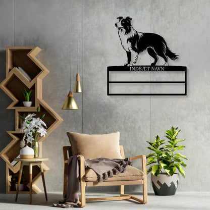 Stort laserskåret Border Collie metalskilt med personlig navn til rosetter. Unik gaveide til hundeejeren....