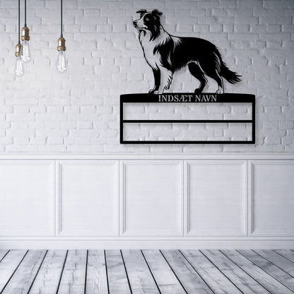 Stort laserskåret Border Collie metalskilt med personlig navn til rosetter. Unik gaveide til hundeejeren...