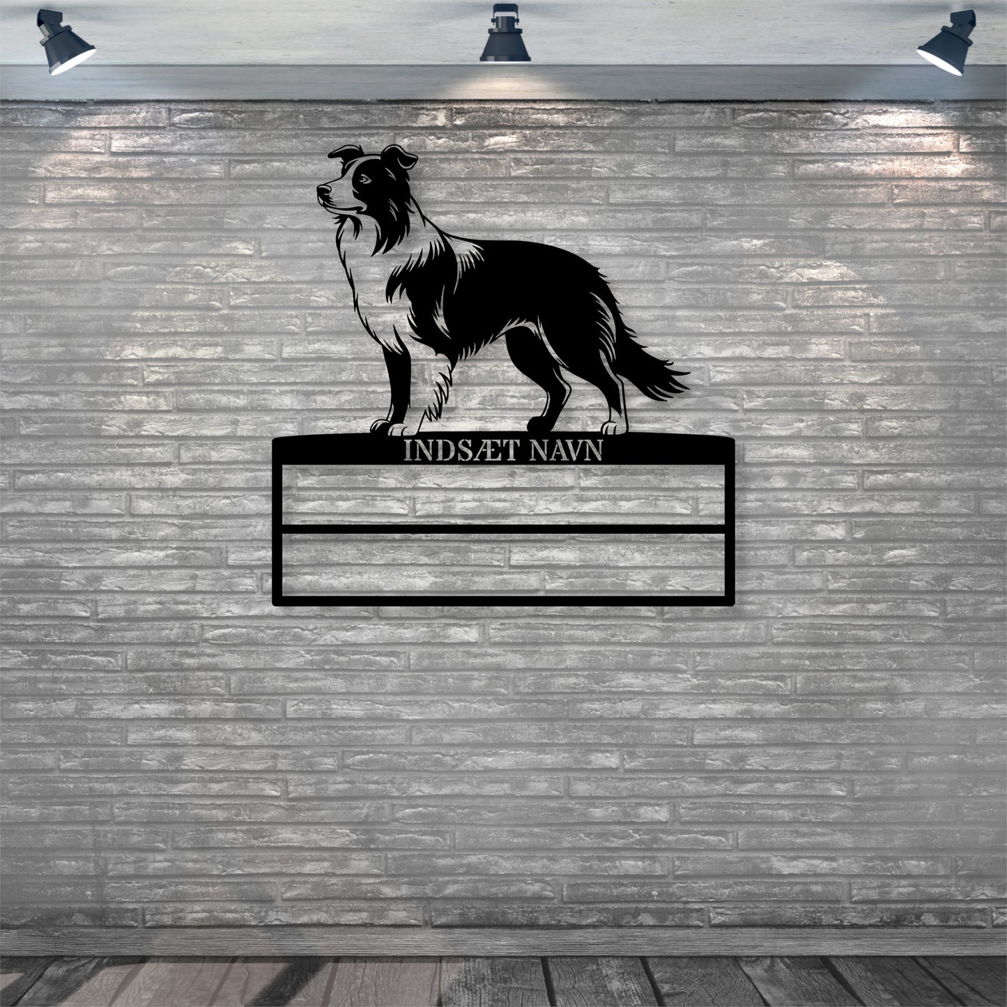 Stort laserskåret Border Collie metalskilt med personlig navn til rosetter. Unik gaveide til hundeejeren..