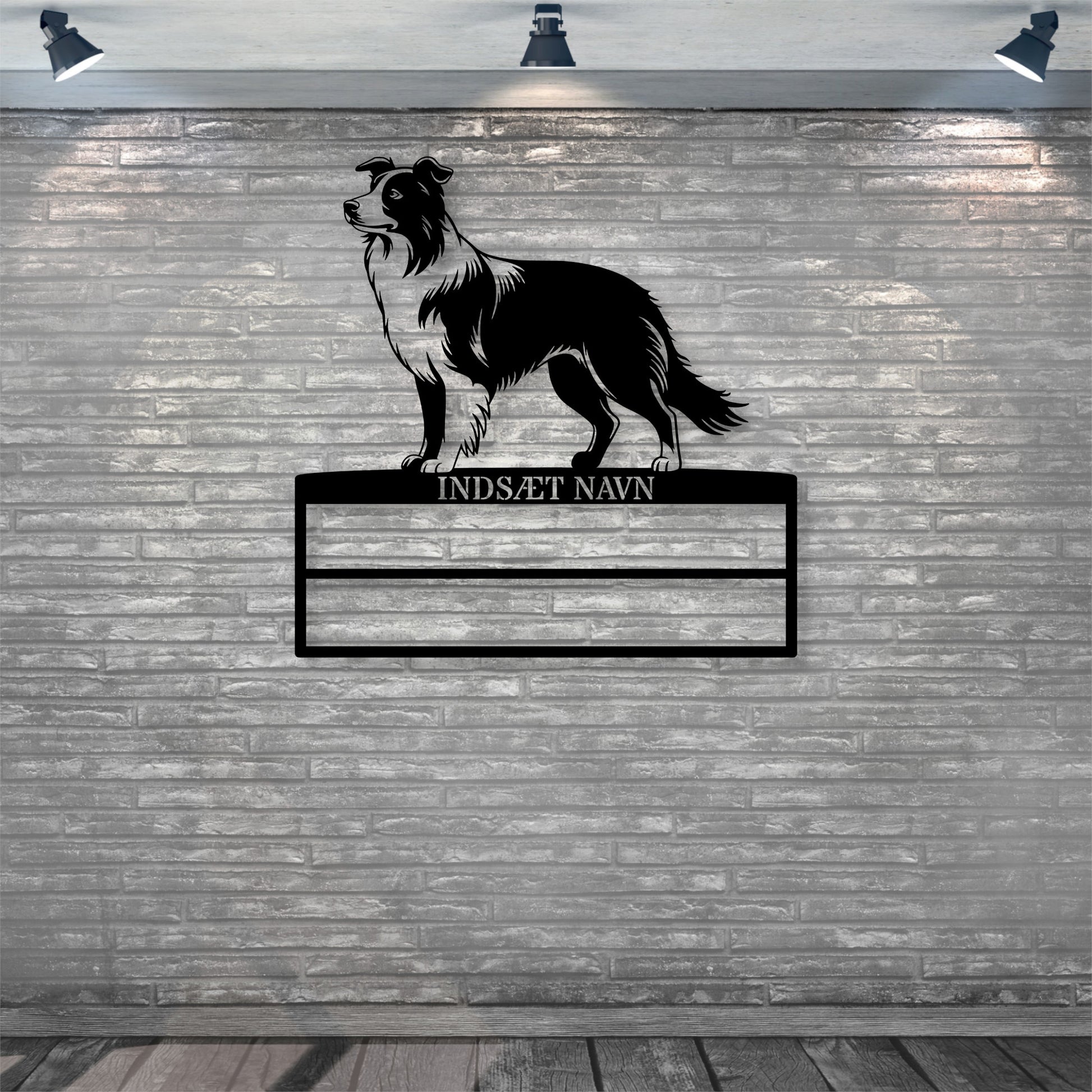 Stort laserskåret Border Collie metalskilt med personlig navn til rosetter. Unik gaveide til hundeejeren..